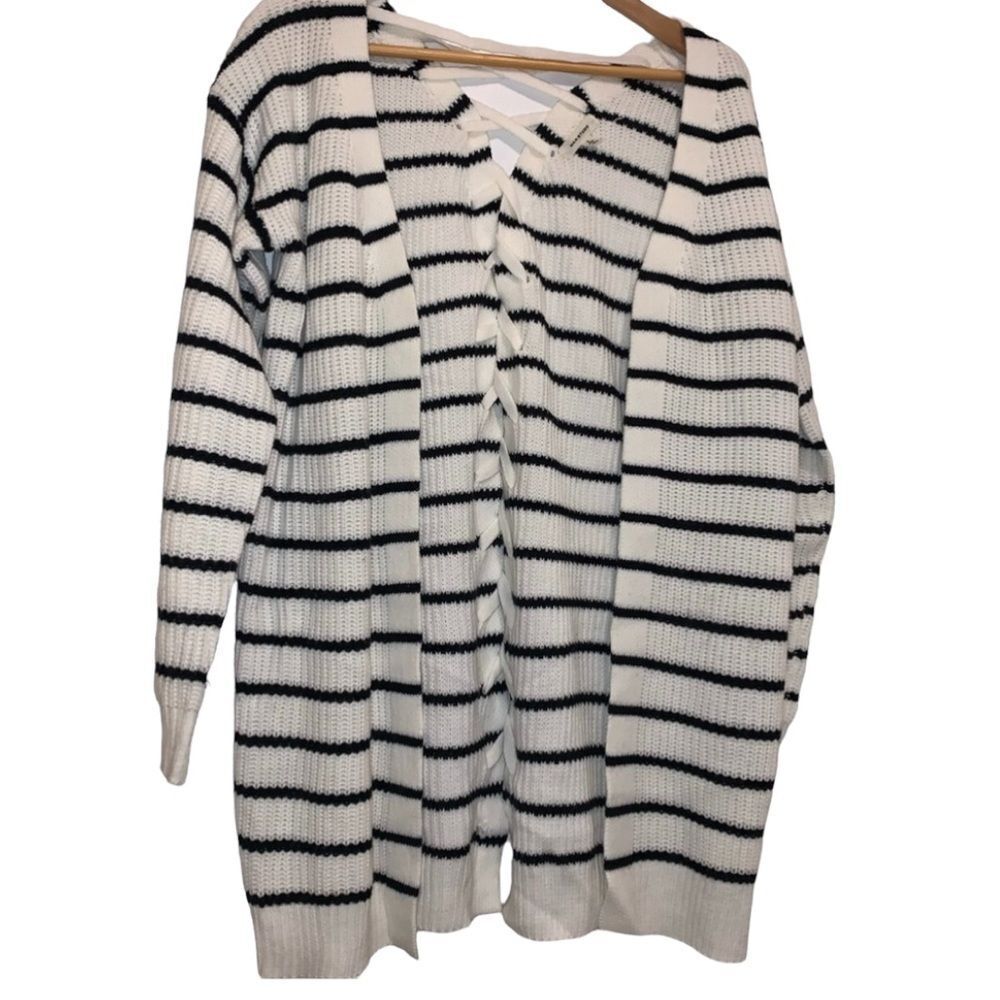 Striped cardigan by max studio white & black lace up back, Sz Small